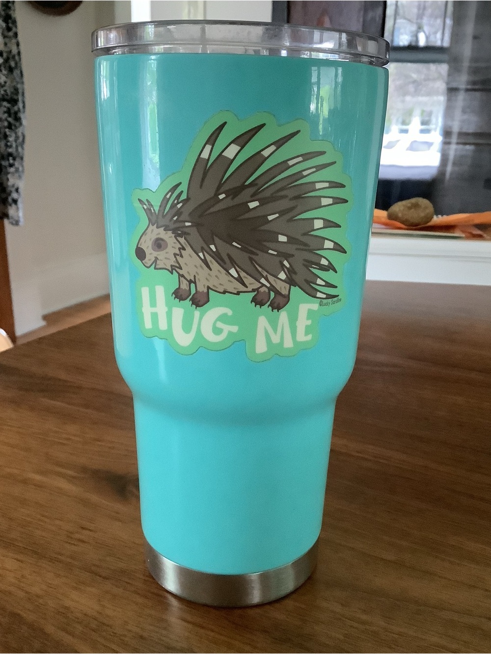 RTIC Turquoise Travel Tumbler with Porcupine "Hug Me" Sticker